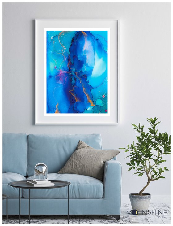 Alcohol Ink Modern Abstract Fluid Painting Print 'Blue Waves'