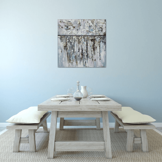 "Snow" white textured abstract Painting - 90 x 90 cm - Original oil painting