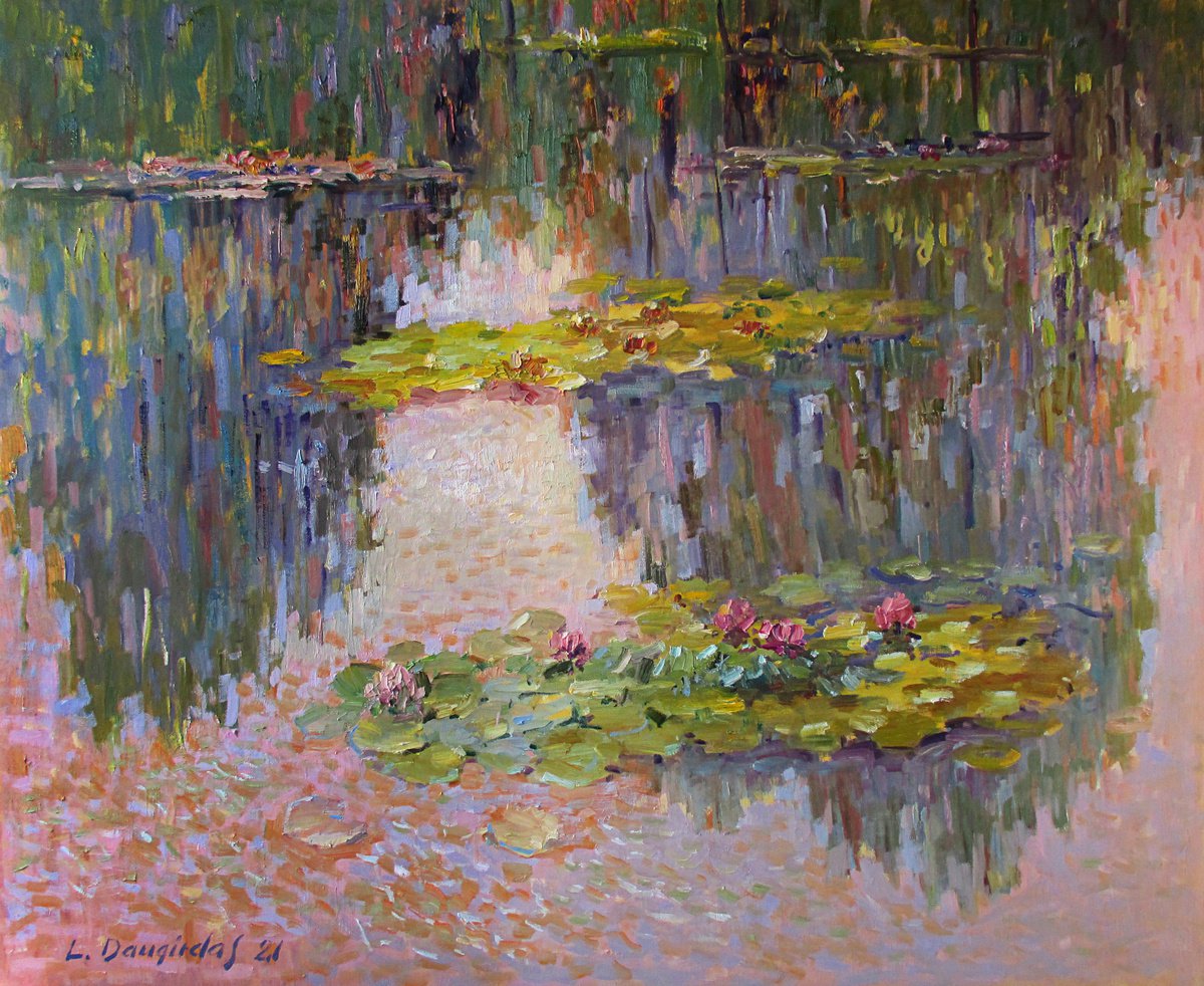 Impressionistic Botanical Oil Painting By Liudvikas Daugirdas, 43 X 35", Water Lilies With Reflections (1), Original Artwork