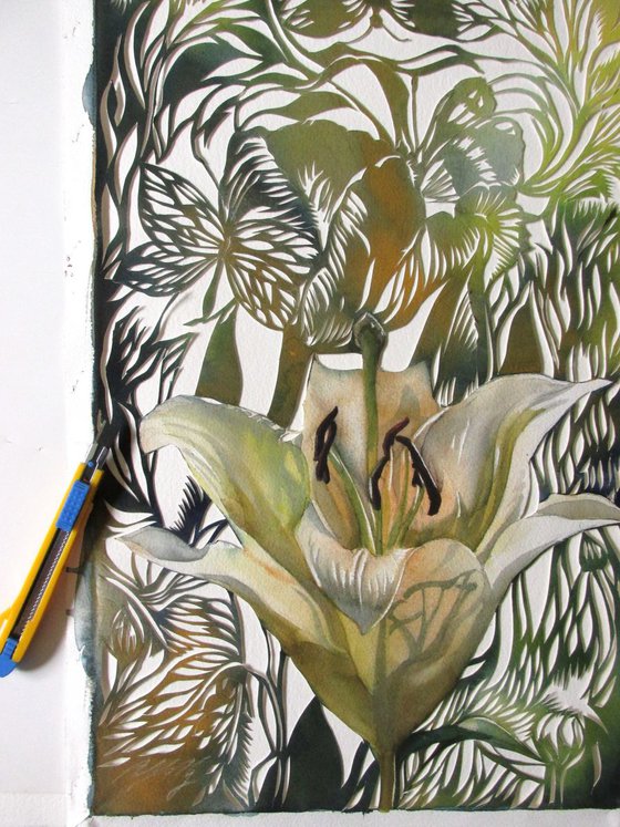 spring green tulip watercolor with paper cut