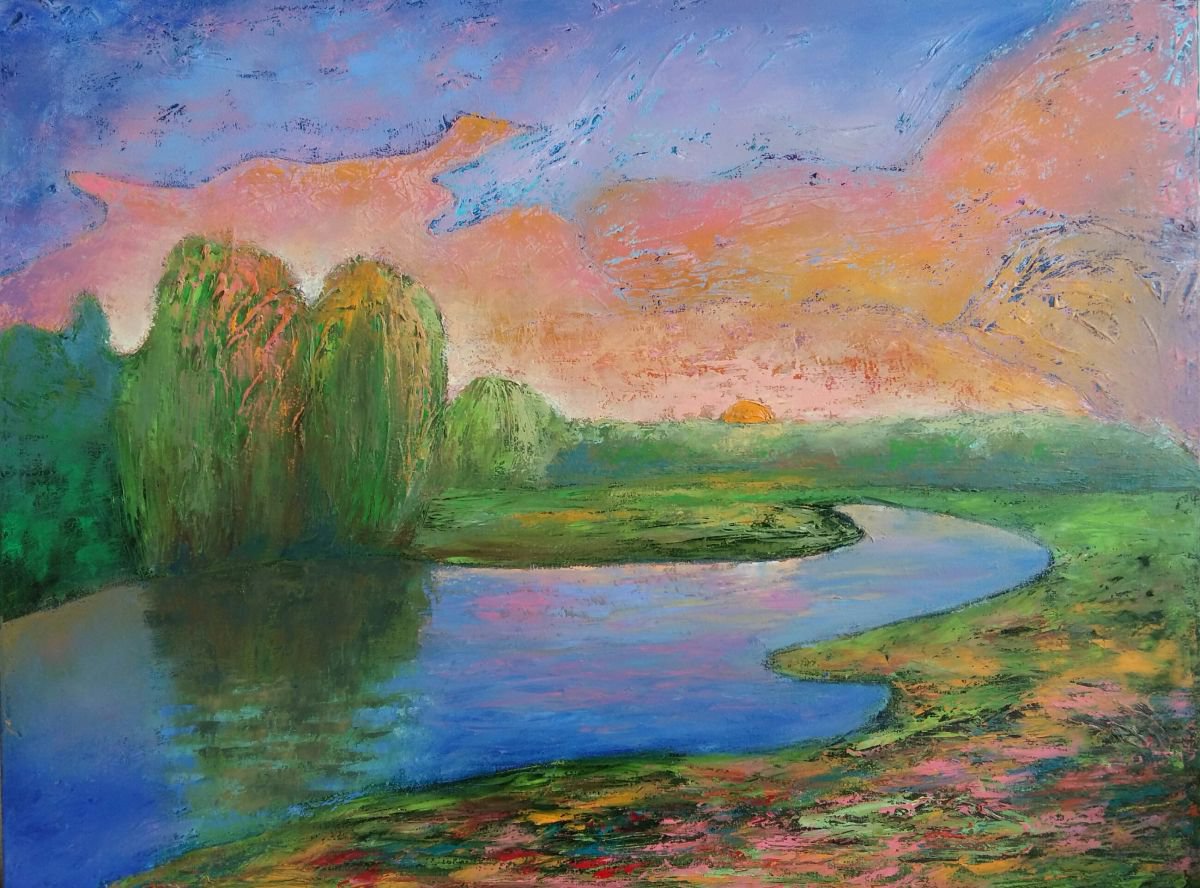 Painting Landscape Summer. Willows. Original art, 8060 cm, FREE SHIPPING / sunset / decor... by Larissa Uvarova