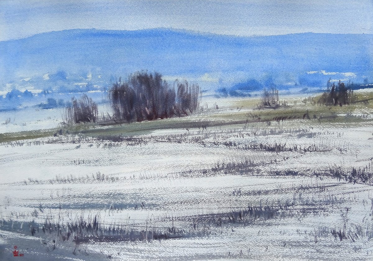 Impressionistic Landscape Watercolour By Maksym Kisilov, 23 X 16", ,,March Snow,,, Original Artwork