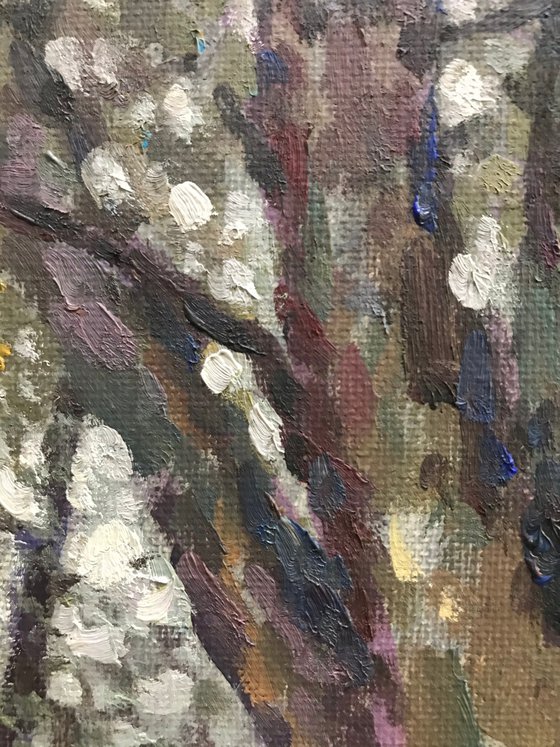 Original Oil Painting Wall Art Signed unframed Hand Made Jixiang Dong Canvas 25cm × 20cm Cityscape An Old Tree Small Impressionism Impasto