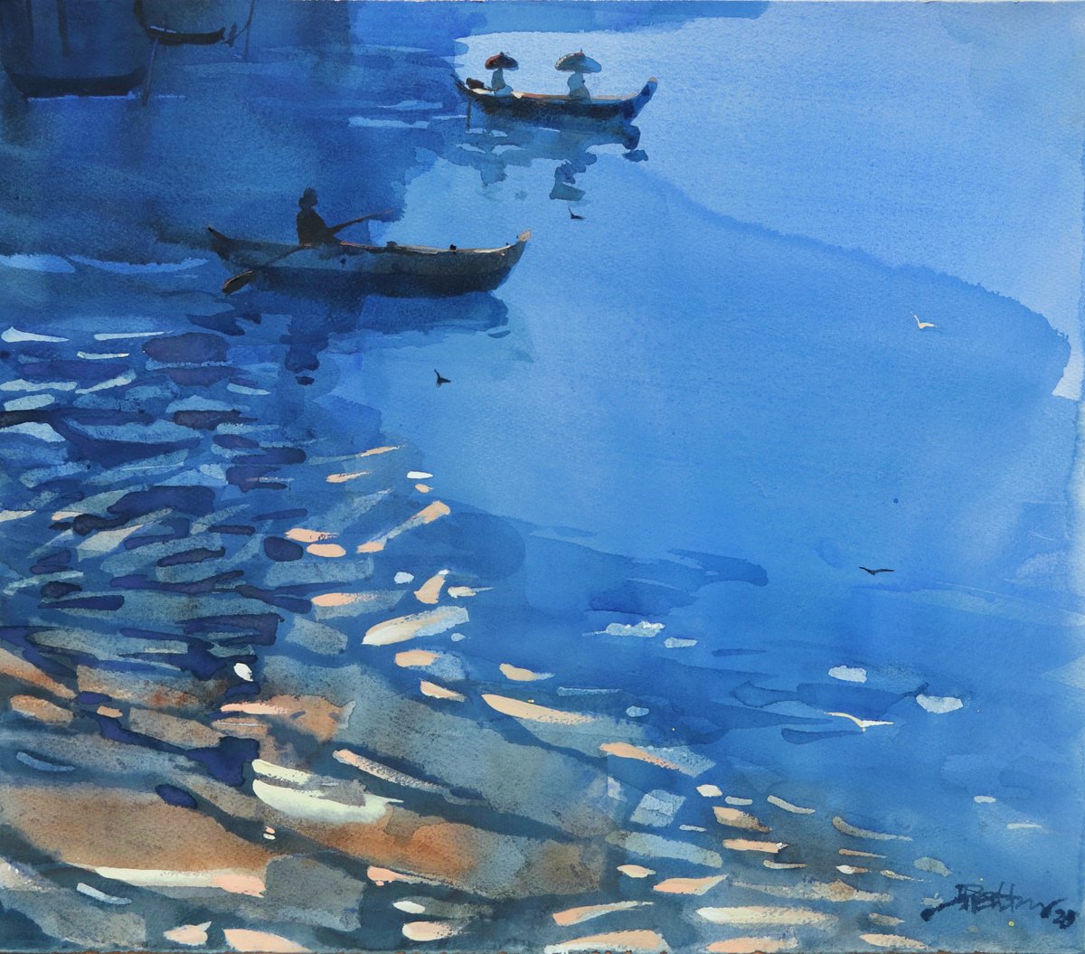 Impressionistic Landscape Watercolour By Prashant Prabhu, 22 X 19", Canoeing Stirring The Blues, Original Artwork