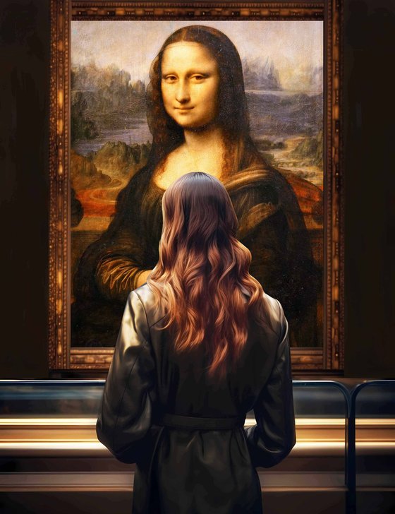 Woman in museum with Mona Lisa Leonardo da Vinci - faceless portrait woman art, Gift