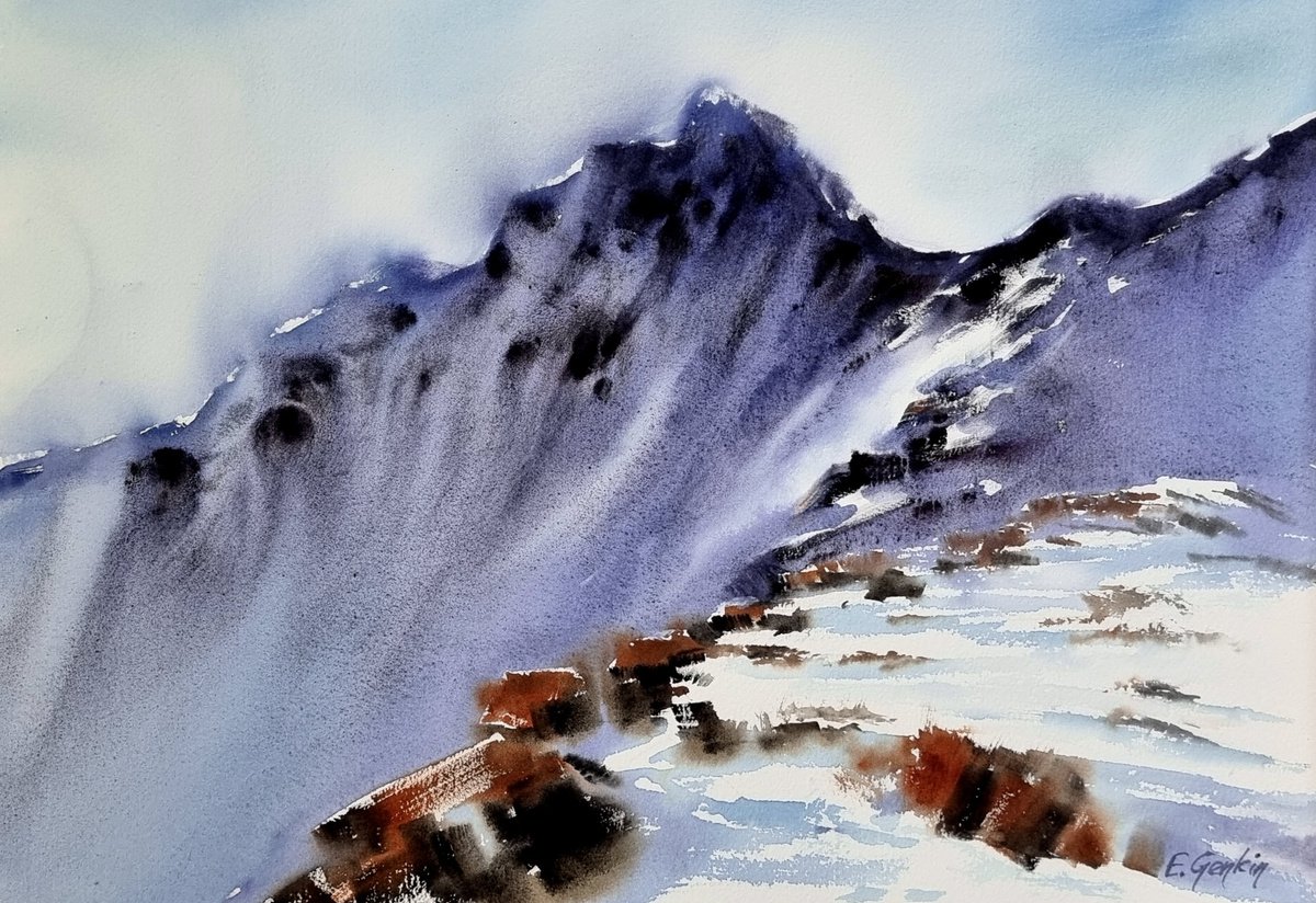 Impressionistic Watercolour , Winter Mountains -2 By Elena Genkin, 16 X 11, Artwork For Sale On Artfinder