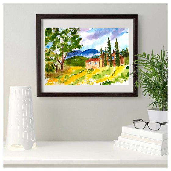 Tuscany Painting Landscape Original Art Farm House Watercolor Artwork PoplarTree Yellow Field Small Wall Art 8 by 12" by Halyna Kirichenko