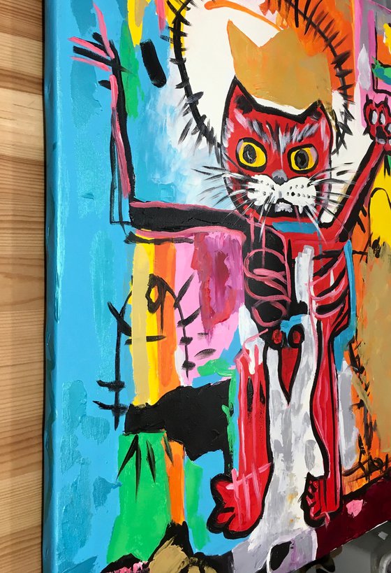 UNTITLED RED KING CAT version of famous painting by Jean-Michel Basquiat.