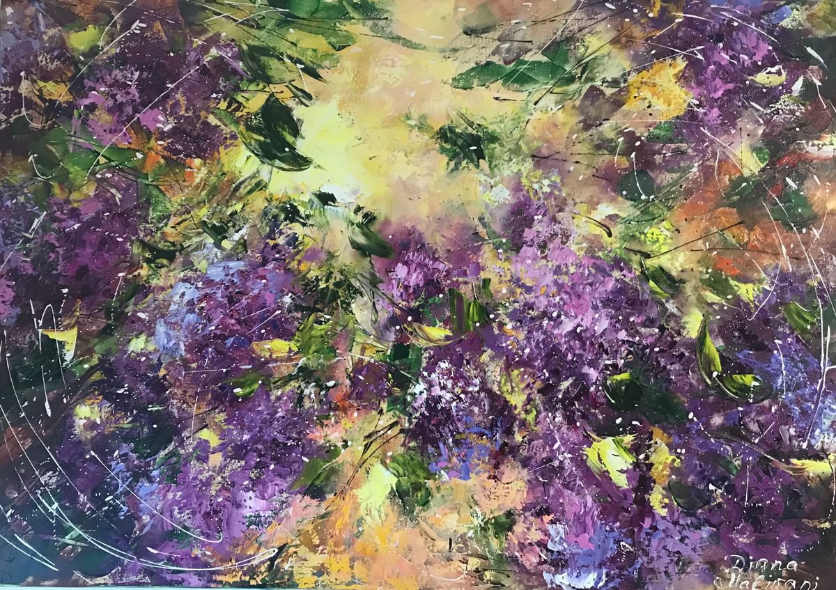 Impressionistic Botanical Oil Painting By Diana Malivani, 39 X 28, Lilac, Original Artwork