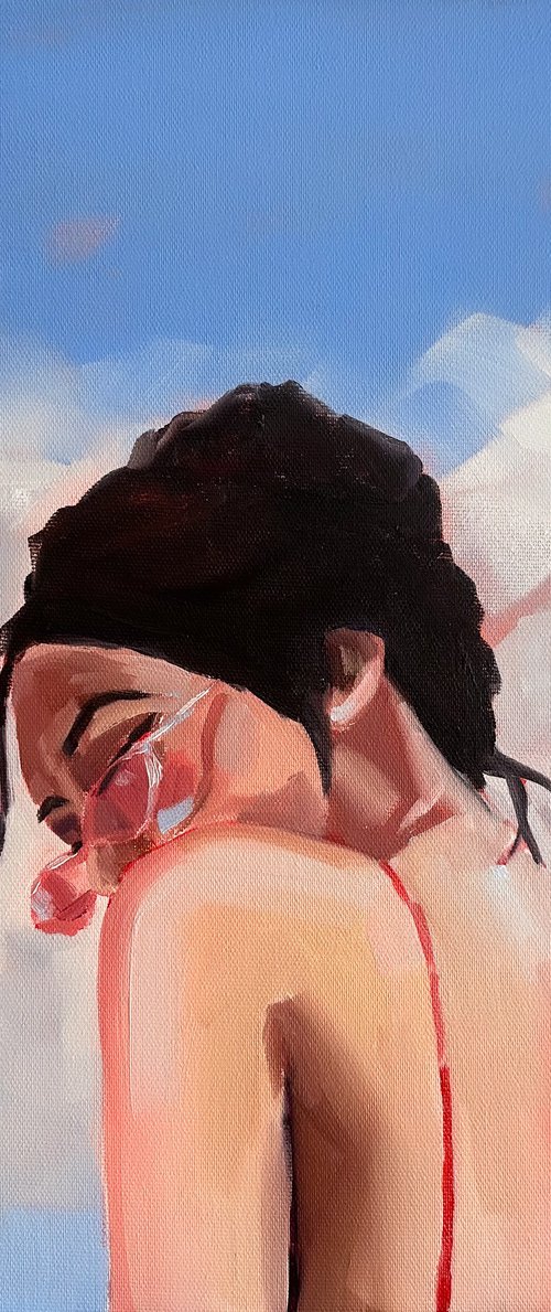 Girl in Pink Gasses - Female Portrait Summer Mood Painting by Daria Gerasimova