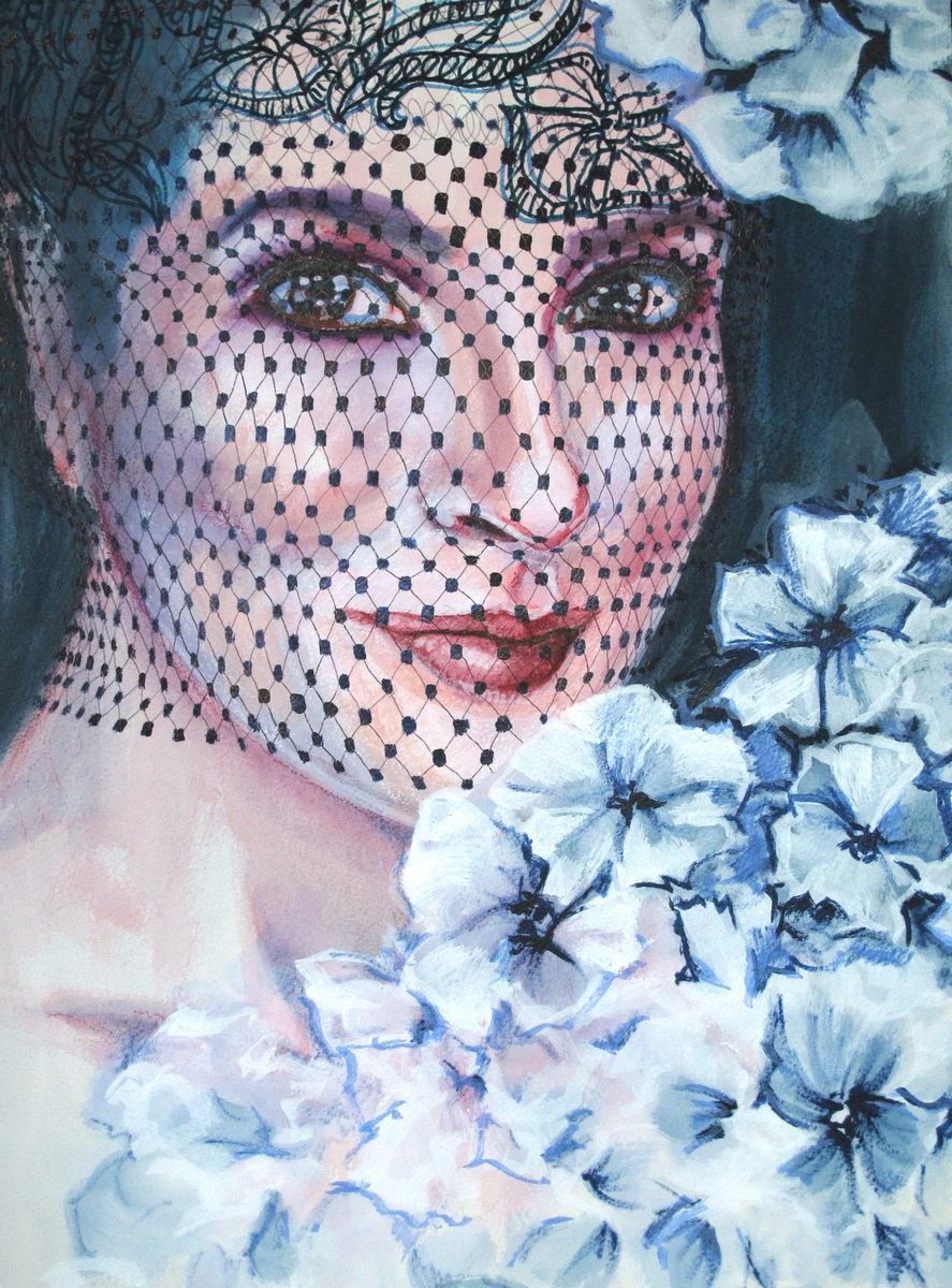 La coquette - portrait of a woman with white flowers by Fabienne Monestier