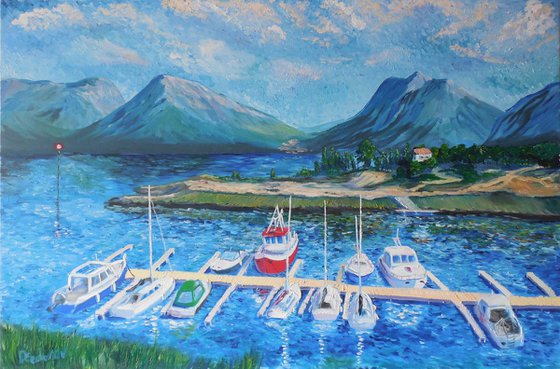 Port and mountain landscape. Large painting