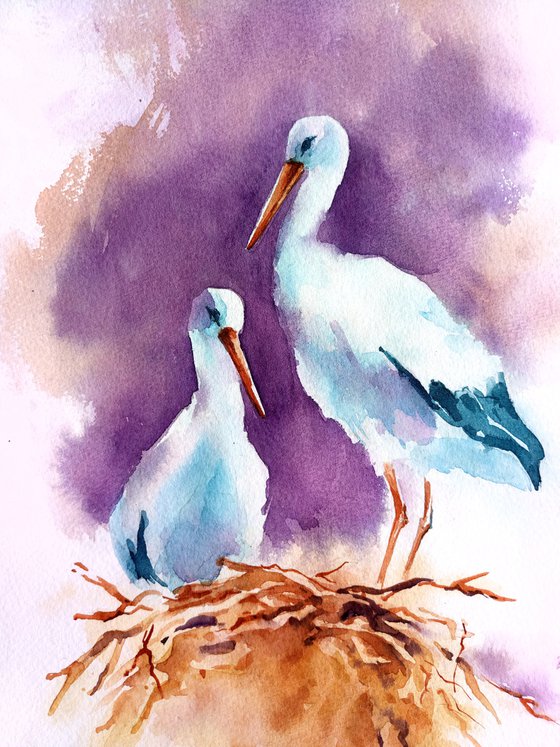 Original watercolor painting "Storks"