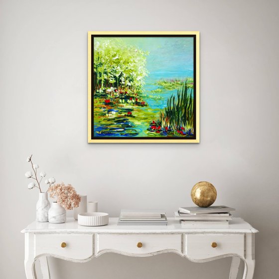 WATER LILY POND II. WATER REFLECTIONS.  Modern Impressionism inspired by Claude Monet Water-lilies