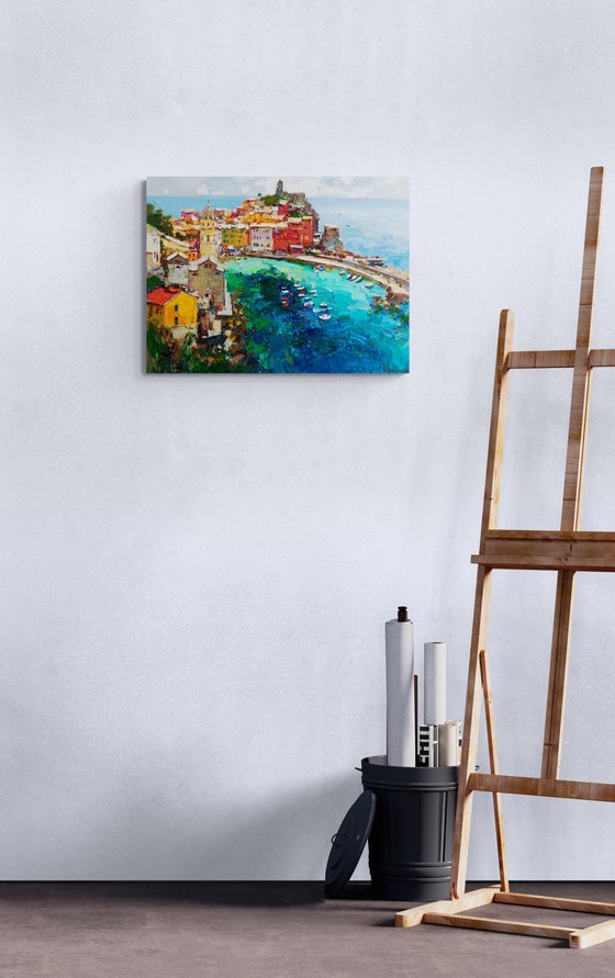 Vernazza Cinque Terre iItaly - Original impasto landscape painting textured Oil painting Italy wall art