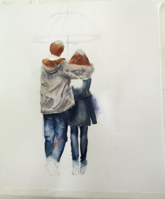 Couple under umbrella -  Original Watercolor Painting