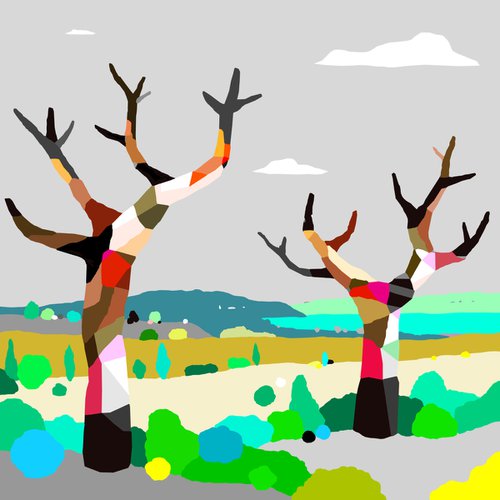 "The Crane-Trees" (Los árboles-grúa) (pop art, landscape) by Alejos