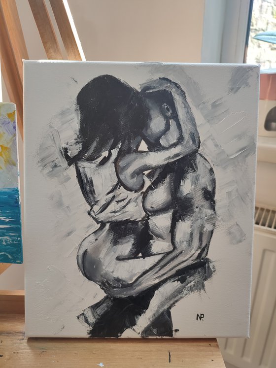 Passion, nude erotic couple, black and white art, monochrome oil painting