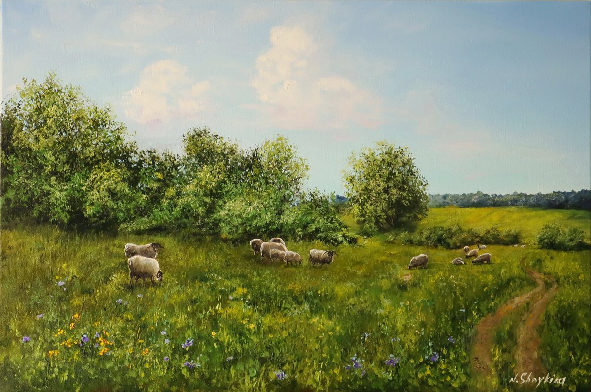 Impressionistic Landscape Oil Painting By Natalia Shaykina, 24 X 16", Grazing Sheep In Summer, Original Artwork