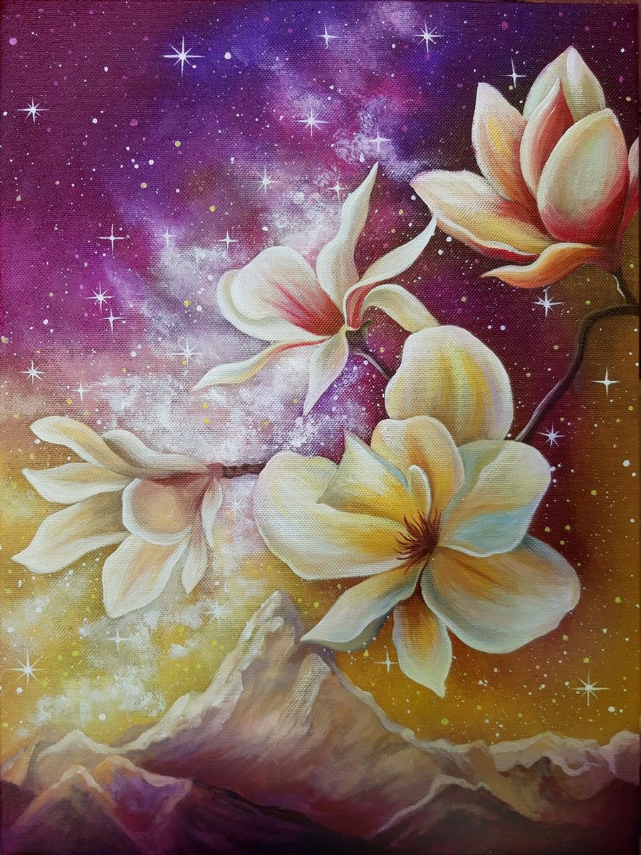 Night shining, magnolia painting, blossoming, flowers by Anna Steshenko