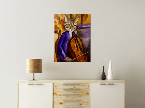 Cat Cellist inspired by Amedeo Modigliani.FELINE ART FOR CAT LOVERS GIFT IDEA