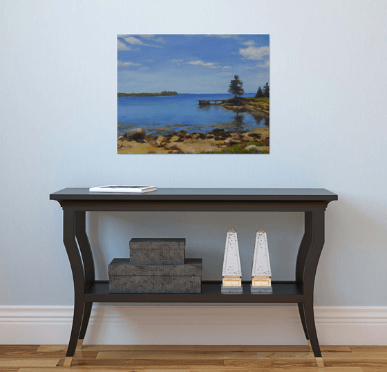Lone mooring line, original acrylic on canvas seascape (22x28x0.7'')