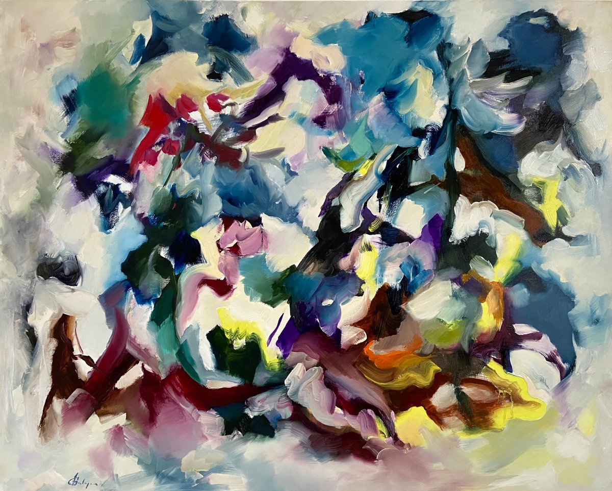 Impressionistic Abstract Oil Painting By Junija (Yuna) Galejeva, 39 X 31", Improvisation On Sharp & White, Original Artwork