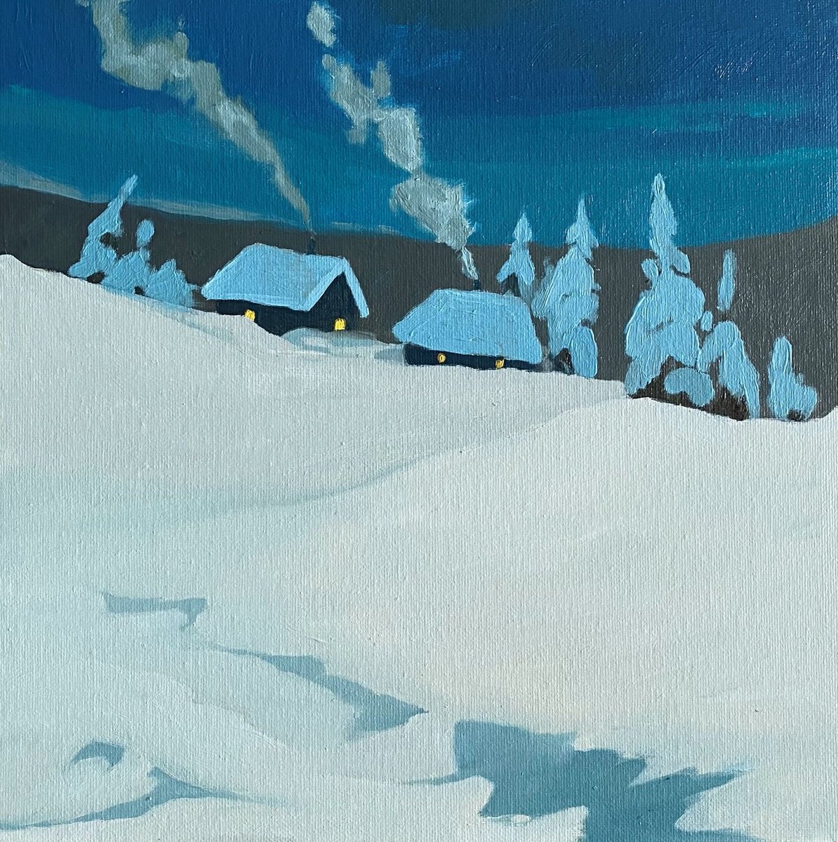 Impressionistic Landscape Oil Painting By Bohdan Vykhrenko, 12 X 12, Winter Night, Original Artwork