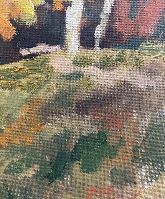 Original Oil Painting Wall Art Artwork Signed Hand Made Jixiang Dong Canvas 25cm × 30cm Trees in Autumn Park small  Impressionism