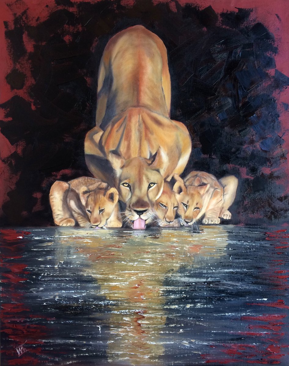 Lioness with cubs by the water by Ira Whittaker