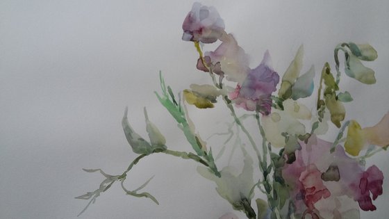 Bouquet of sweet peas. Original watercolour painting.