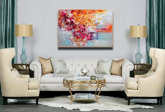 Vivid Dream - 48" Abstract Floral Painting, White Gray, Large Canvas, Gold Leaf, Minimalist Painting, Living Room Painting