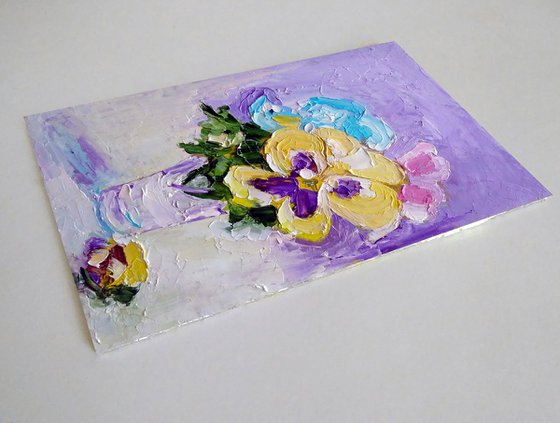 The bouquet of pansies, Bouquet of Violets Painting Original Art Small Flower Artwork Floral Wall Art