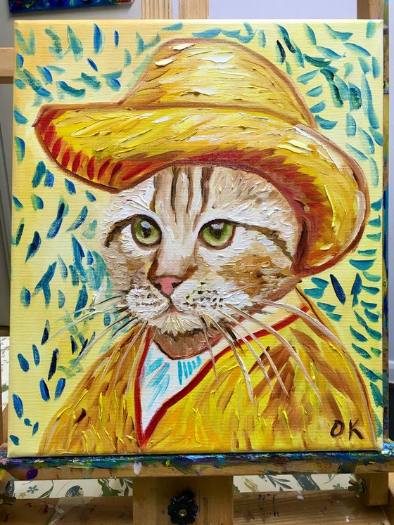 Cat in a straw hat with green eyes La Vincent Van Gogh