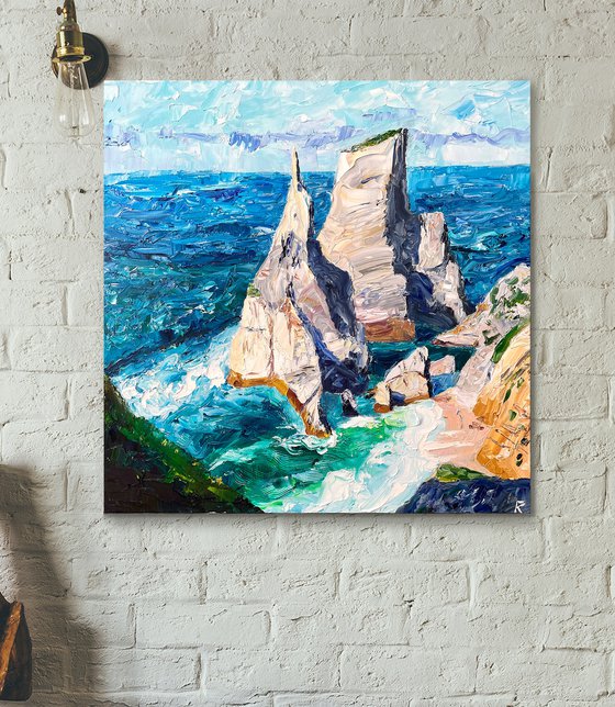 Ocean Original Oil Painting on Canvas, Portugal Landscape Wall Art, Coastal Home Decor