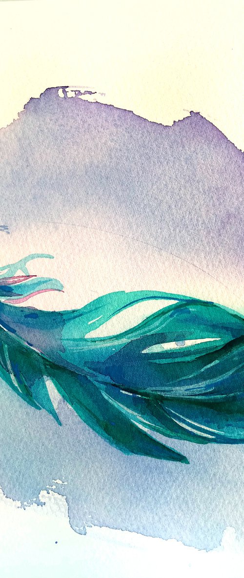 Still life "Fantasy bright blue-green feather of a bird" original watercolor painting square postcard by Ksenia Selianko