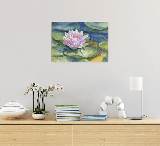 Pink water lily original watercolor painting gift for her lotus flower floral