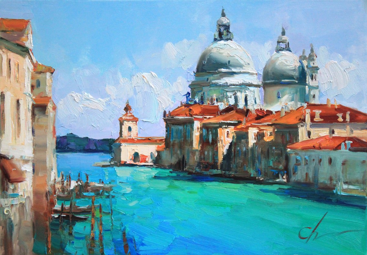 Impressionistic Landscape Oil Painting By Serhii Cherniakovskyi, 26 X 18", Grand Canal Of Venice, Original Artwork