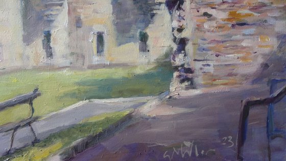 Castle Garden. Oil Painting. One-of-a-Kind Oil Painting on Board. Unframed.