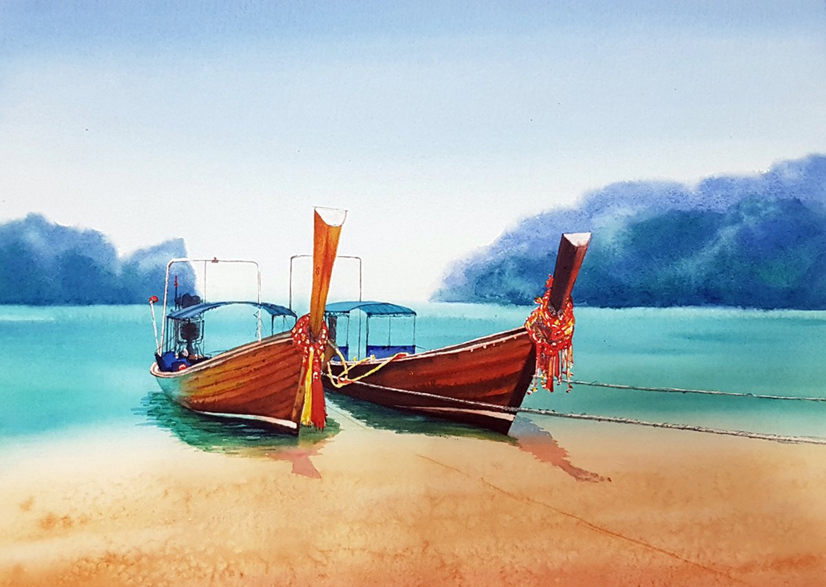 Tropical seascape with Thai boats on the beach by Svetlana Lileeva