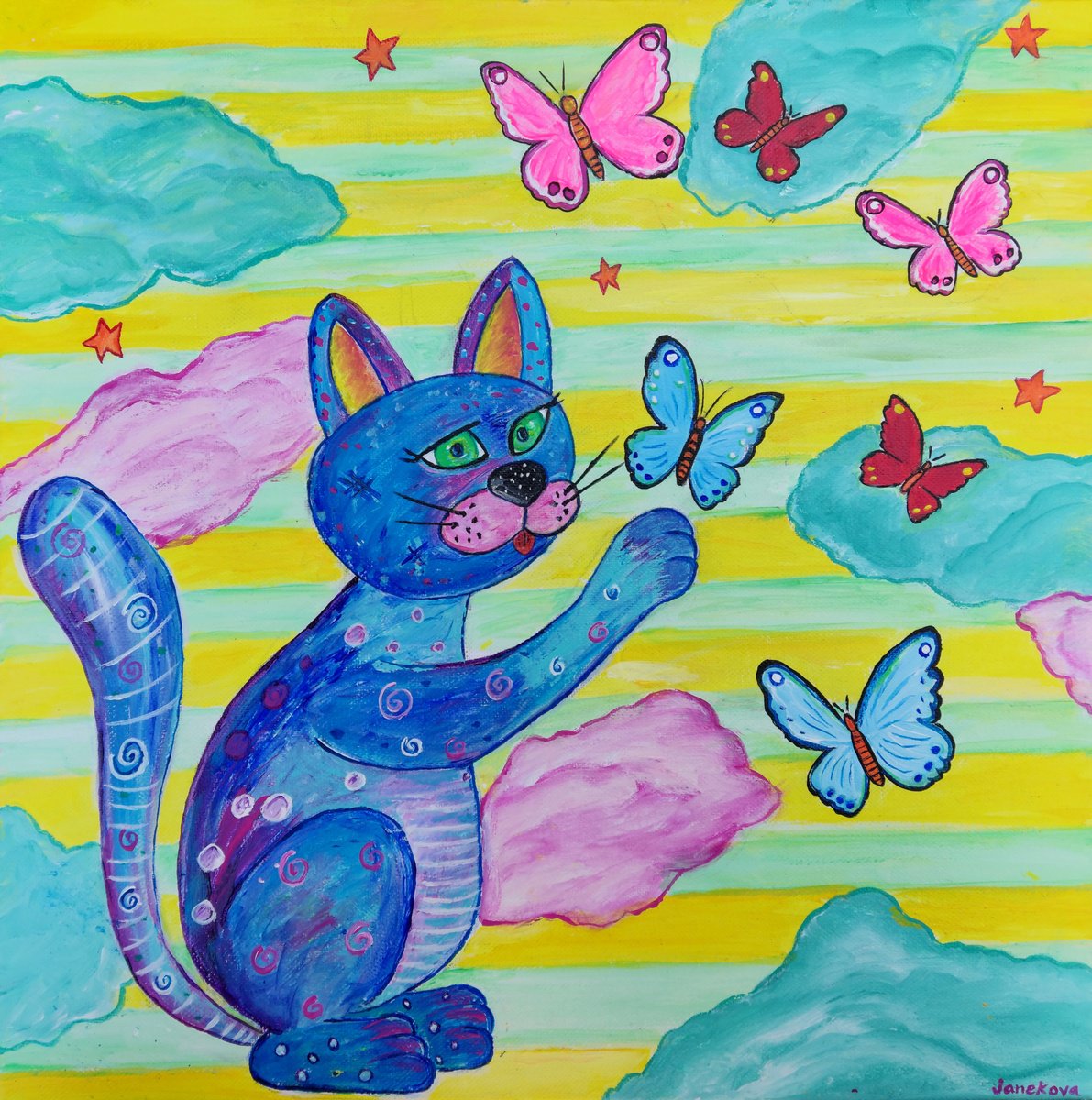Cat playing with butterflies by Janekova Kristina