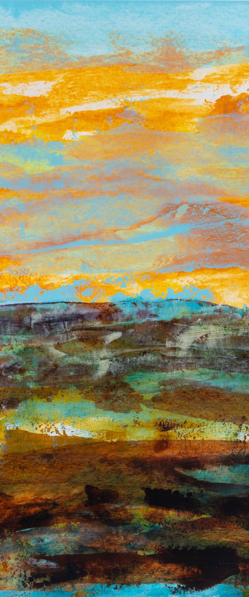 Orange clouds - knife painting, ideal decoration design home interior affordable abstract abstraction deco paper blue landscape cloudy sky by Fabienne Monestier