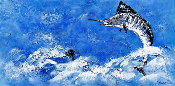 OCEAN TROPHY. Large Blue Abstract Painting of Fish Jumping out of the Water