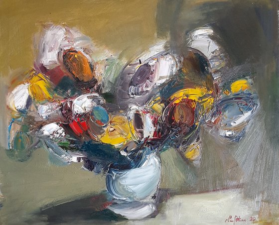 Abstract flowers, 50x60cm, oil painting, palette knife