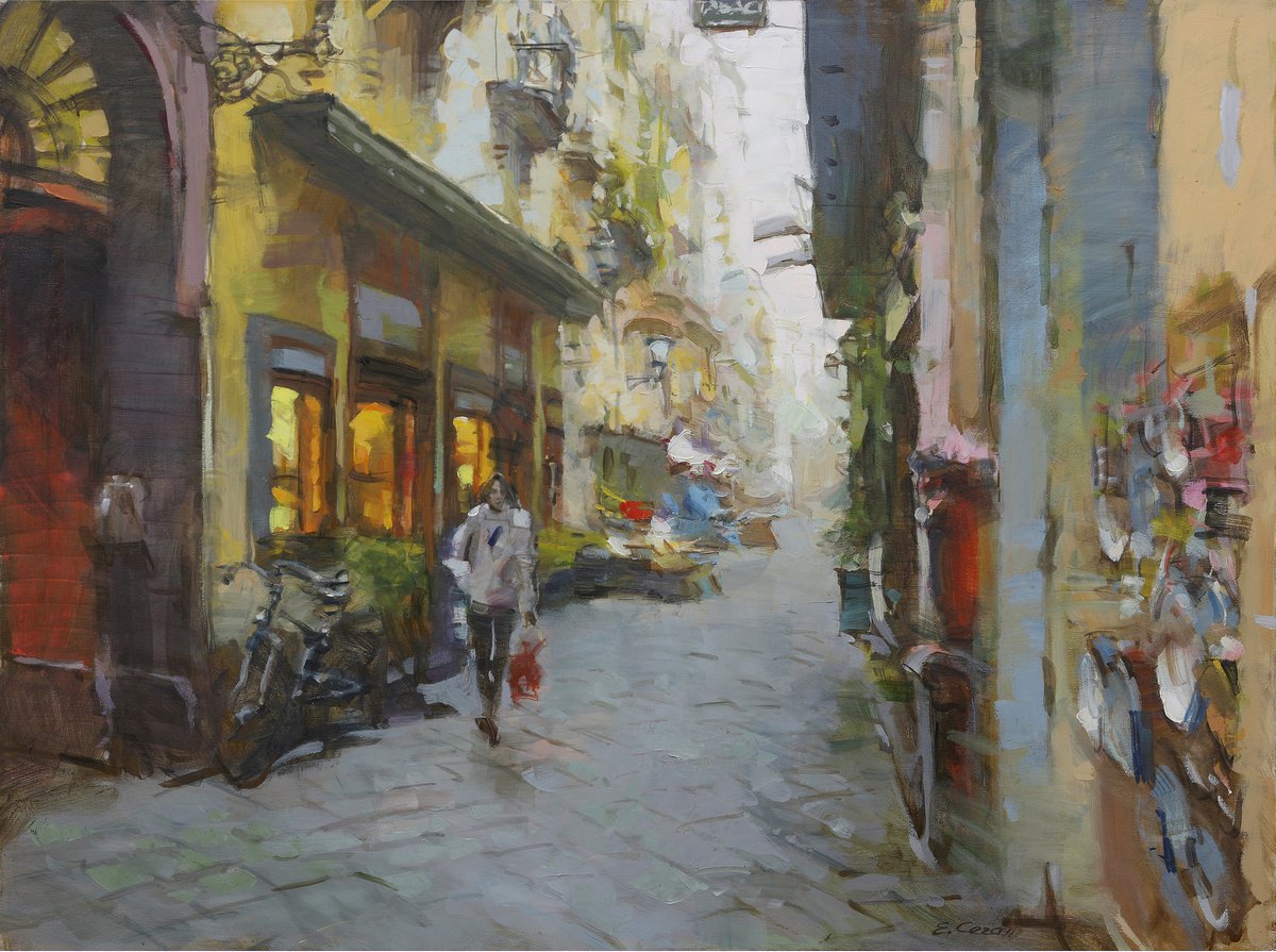 Original Oil Painting on Canvas Street in Positano by Eugene Segal
