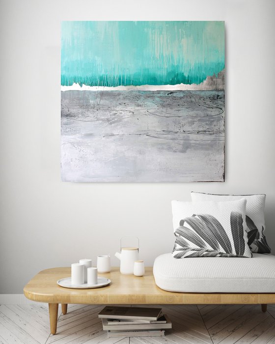 "Lake" Abstract teal blue silver acrylic art