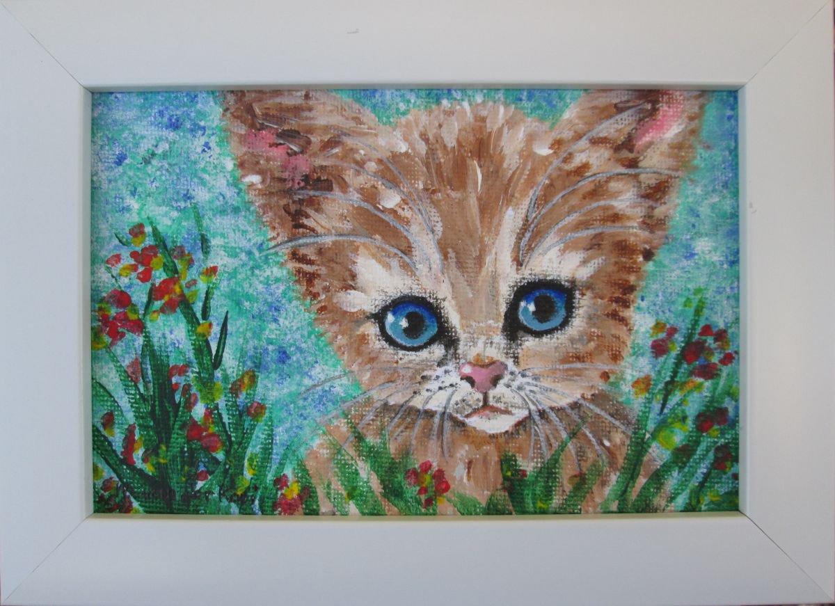 Little Kitten, Cat, baby animal, acrylic framed artwork by MARJANSART