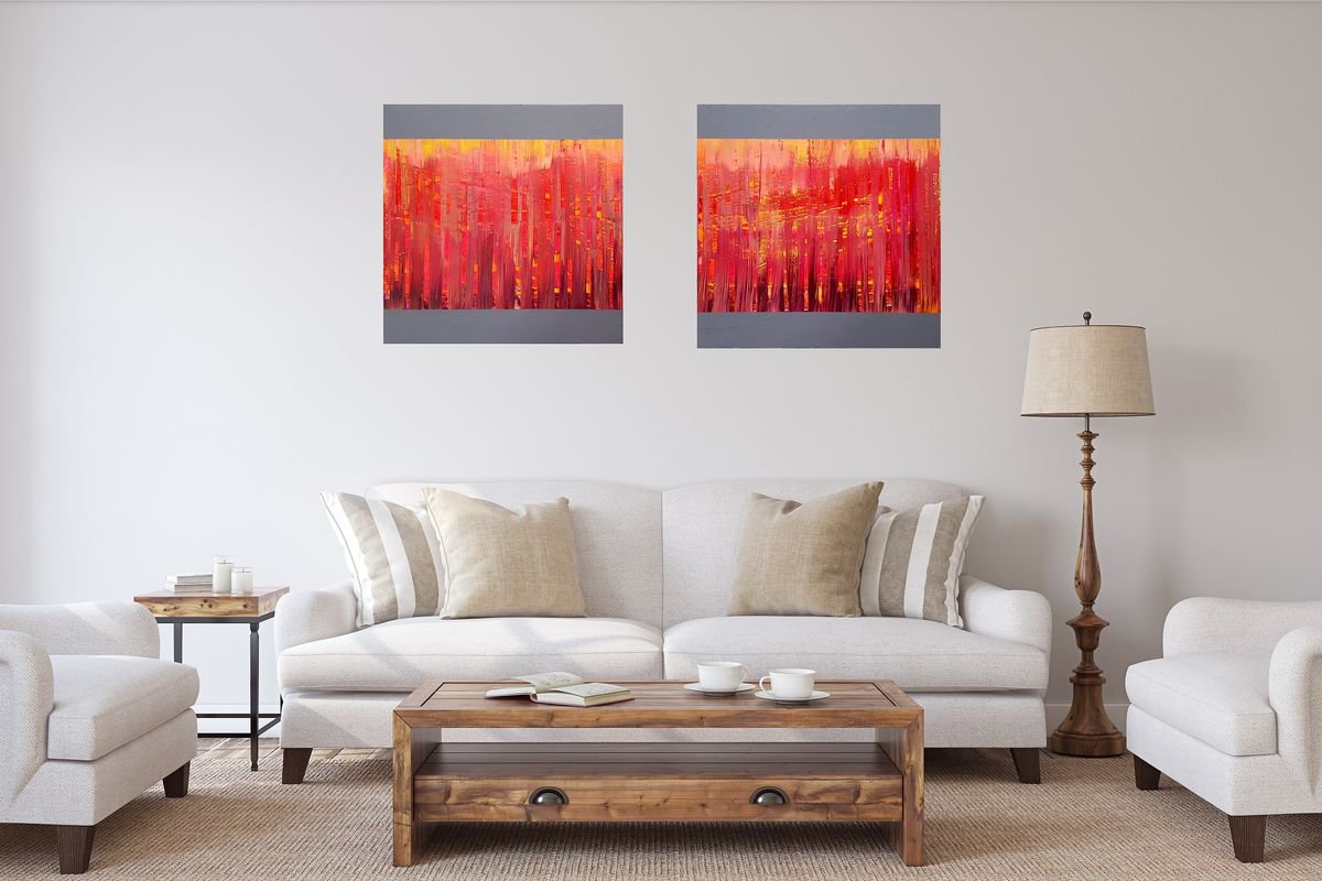 Even in the coldest heart the fire burns - diptych palette knife painting by Ivana Olbricht