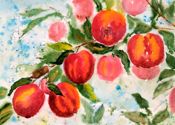 Apples Painting Fruit Original Art Apple Tree Watercolor Apple Branch Artwork Wall Art 17 by 12" by Halyna Kirichenko