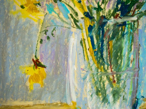 Summer bouquet of dundeliones. Home isolation series. Oil pastel painting. Small original flowers yellow turquoise wild gentle decor interior provence
